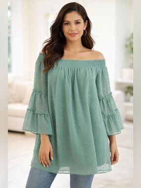 Ninexis XL Sage Green Off Shoulder Swiss Dot Tunic Blouse Boho Top Peasant Lined